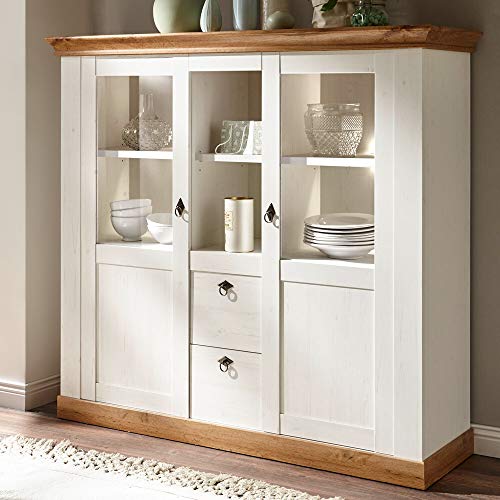 Lomadox Highboard Vitrinenschrank im Landhaus Design, Pinie weiß, Wotan Eiche Nb. inkl. LED, B/H/T ca.: 148/139/44 cm von Lomadox