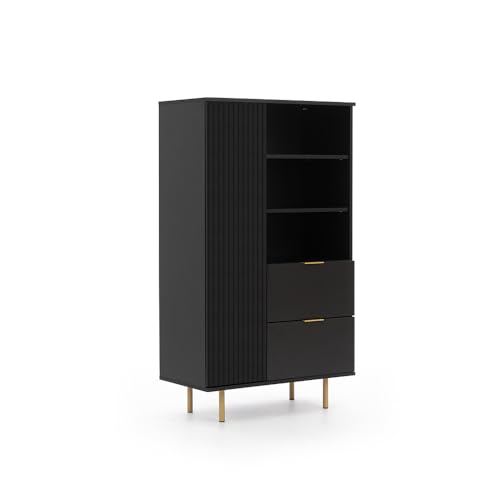 Lomadox Highboard Vitrinenschrank in schwarz matt, Front mit Rillenoptik, Goldfarbene Griffe und Füße von Lomadox