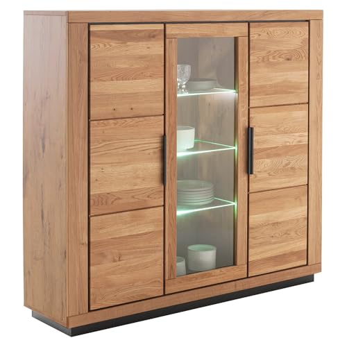 Lomadox Highboard Vitrinenschrank mit Beleuchtung in Eiche teilmassiv, Fronten Massivholz/Echtholz von Lomadox