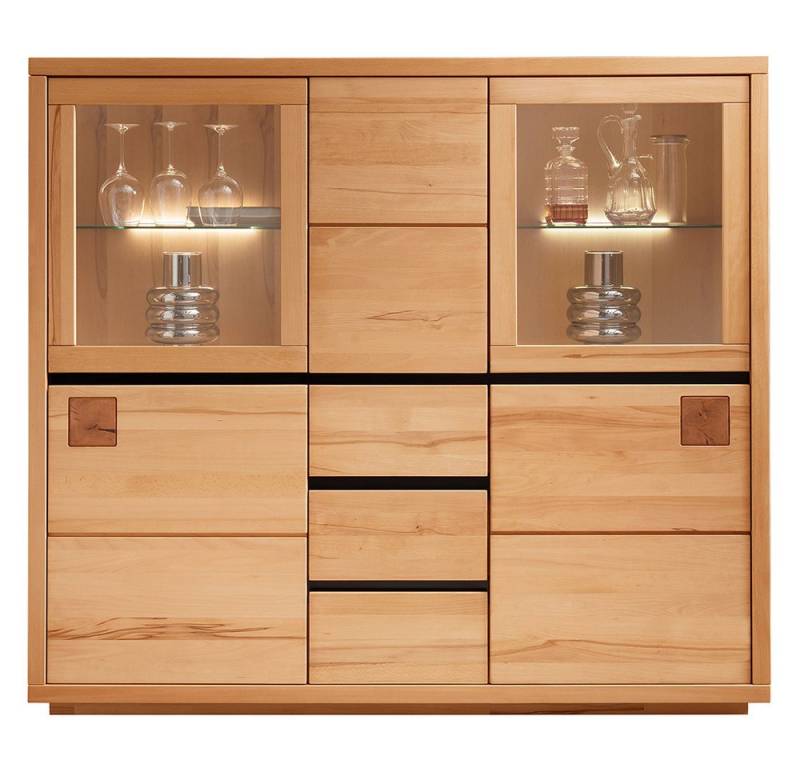 Lomadox Highboard WINCHESTER-69, Standvitrine Schrank 103 cm Buche massiv geölt Hirnholz-Detail von Lomadox