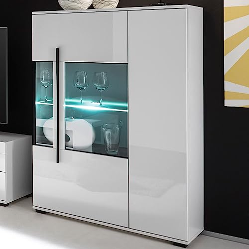Lomadox Highboard in weiß Hochglanz inkl. LED mit Glaseinsatz Grauglas BxHxT: 90x140x37cm von Lomadox
