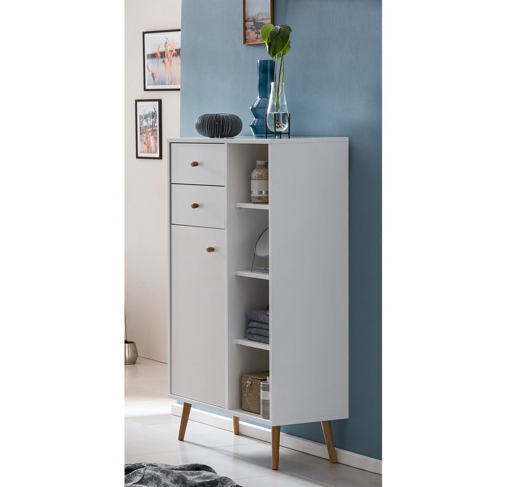 Lomadox Hochschrank JASLO-80 Badzimmer Highboard Badschrank weiß, Füße Eiche massiv 68x119x34 cm von Lomadox