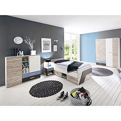 Lomadox Jugendzimmer Kinderzimmer Komplett Set, Sandeiche mit weiß, Lava blau, 90x200 Bett, Kleiderschrank, Nachttisch von Lomadox