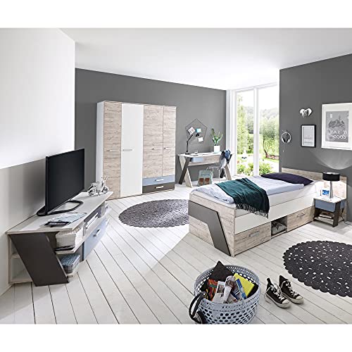 Lomadox Jugendzimmer Kinderzimmer Komplett Set, Sandeiche mit weiß, Lava blau, 90x200 cm Einzelbett, Kleiderschrank, Schreibtisch, Nachttisch, Highboard-Kommode von Lomadox