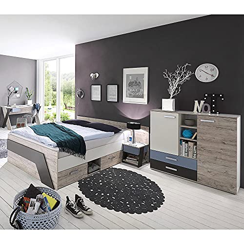 Lomadox Jugendzimmer Kinderzimmer Set, Sandeiche weiß Lava blau, 140 x 200 cm Kojenbett, Schreibtisch, Nachttisch, Highboard von Lomadox