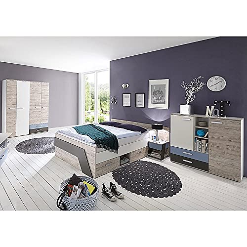 Lomadox Jugendzimmer Kinderzimmer Teenagerzimmer Set, Sandeiche mit weiß Lava blau, 140 x 200 cm Jugendbett, Kleiderschrank, Nachttisch, Highboard-Kommode von Lomadox