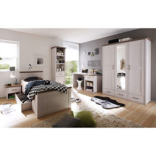 Lomadox Jugendzimmer Komplett Set 5-TLG. im Landhaus Design, Pinie weiß Nb./Trüffel Eiche Nb. von Lomadox