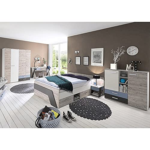 Lomadox Jugendzimmer Kinderzimmer Komplett Set, Eiche weiß Lava blau, 140 x 200 cm Jugendbett, Kleiderschrank, Schreibtisch, Nachttisch, Highboard-Kommode von Lomadox