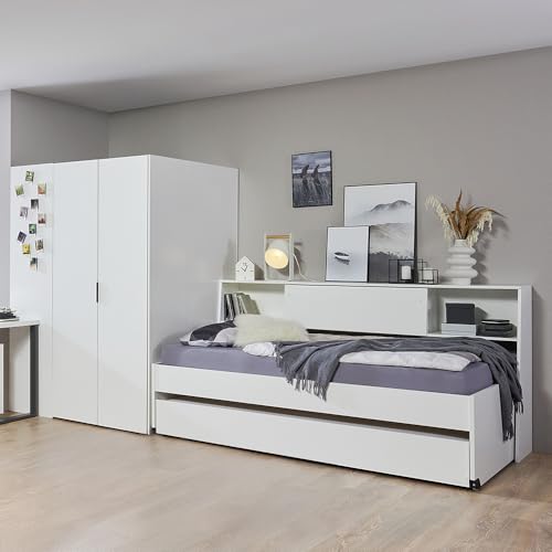 Lomadox Jugendzimmer-Set 3-teilig in weiß, mit Funktionsbett 120x200 cm Liegefläche, Eckkleiderschrank begehbar von Lomadox