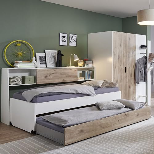 Lomadox Jugendzimmer-Set 3-teilig in weiß mit Eiche, mit Funktionsbett 90x200 cm Liegefläche, Eckkleiderschrank begehbar von Lomadox