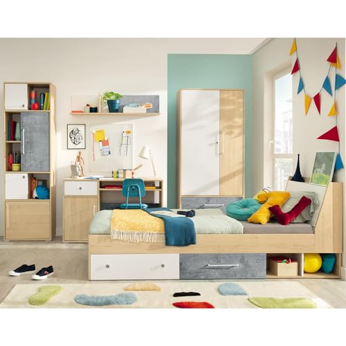 Lomadox Jugendzimmer Set 5-teilig mit Regalschrank, Wandboard, Schreibtisch, Kleiderschrank, Bett 90x200cm in Eiche mit weiß und Betonoptik von Lomadox