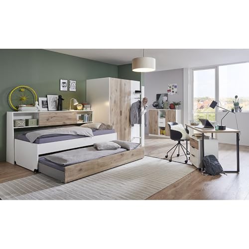 Lomadox Jugendzimmer-Set 6-teilig in weiß mit Eiche, mit Funktionsbett 90x200 cm Liegefläche, Eckkleiderschrank begehbar Lomadox Jugendzimmer-Set 6-teilig in weiß mit Eiche, mit Funktionsbett 90x200 cm Liegefläche, Eckkleiderschrank begehbar von Lomadox