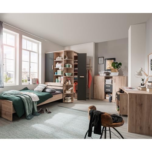Lomadox Jugendzimmer Set 6-teilig mit Bett 90x200cm in Eiche mit Graphit, inkl. Eckkleiderschrank, Garderobenstange, Highboard, Schreibtisch, Rollcontainer von Lomadox
