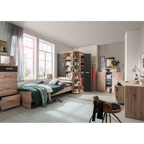 Lomadox Jugendzimmer Set 7-teilig mit Bett 90x200cm in Eiche mit Graphit, inkl. Hochkommode, Eckkleiderschrank, Garderobenstange, Highboard, Schreibtisch, Rollcontainer von Lomadox