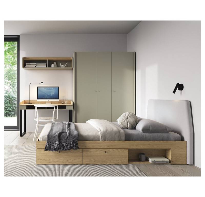 Lomadox Jugendzimmer-Set ALAMO-133, (Sparset, 4-tlg., Kleiderschrank Wandregal Schreibtisch Bettgestell), grün mit Eiche Nb., 120x200cm Liegefläche, viel Stauraum von Lomadox