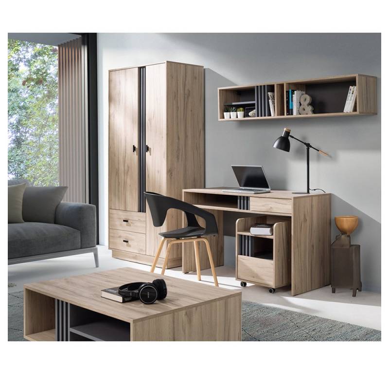 Lomadox Jugendzimmer-Set ANTIGUA-133, (Sparset, 5-tlg., Kleiderschrank Schreibtisch Rollcontainer Wandregal Couchtisch), in Eiche mit anthrazitfarbenen Details, viel Stauraum von Lomadox