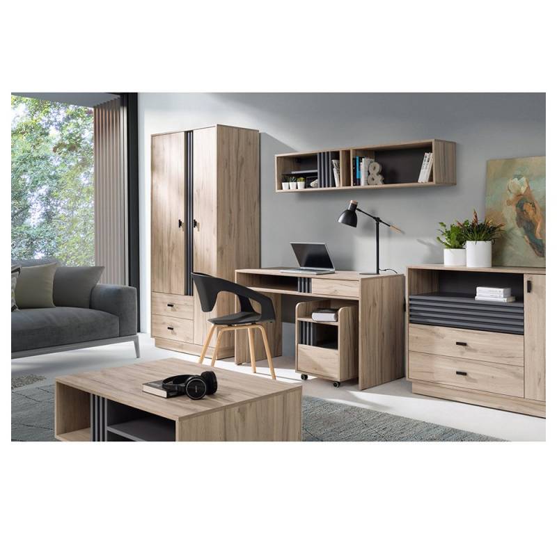 Lomadox Jugendzimmer-Set ANTIGUA-133, (Sparset, 6-tlg., Kleiderschrank Schreibtisch Rollcontainer Kommode Wandregal Couchtisch), in Eiche mit anthrazitfarbenen Details, viel Stauraum von Lomadox