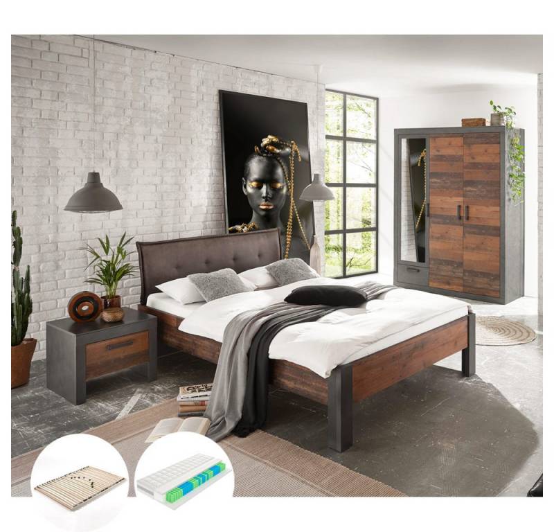 Lomadox Schlafzimmer-Set BERLIN-S-61, (Spar-Set, 5-tlg), Old Mix Dekor mit Lattenrost 7-Zonentaschenfederkern Matratze von Lomadox
