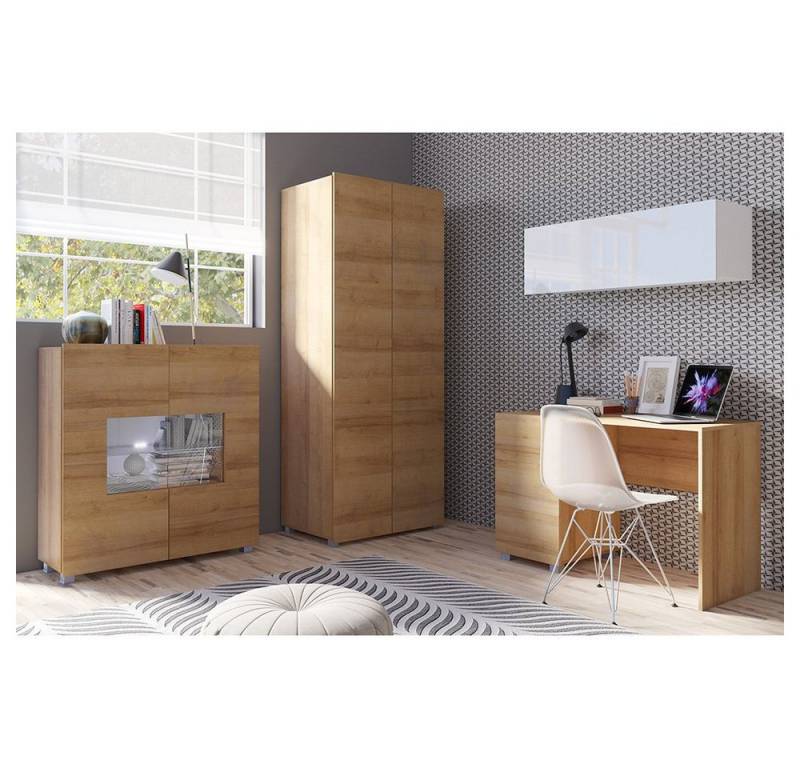 Lomadox Jugendzimmer-Set CAIRNS-132, (Sparset, 4-tlg., Schreibtisch Highboard Wandregal Kleiderschrank), in weiß Hochglanz und Eiche Nb., Modern, grifflos von Lomadox