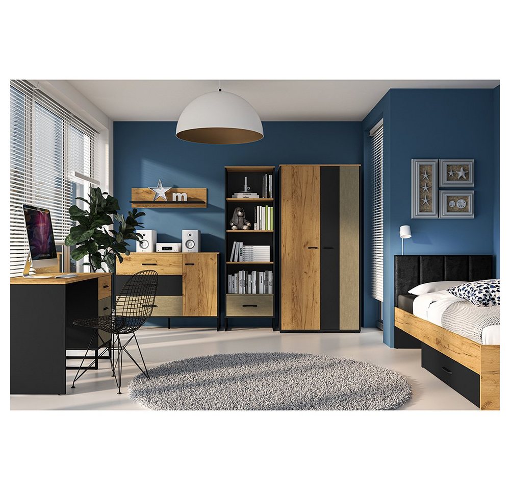 Lomadox Jugendzimmer-Set CASPER-131, (Sparset, 6-tlg), mit Bett 90x200cm in schwarz/Eiche/sandfarben von Lomadox