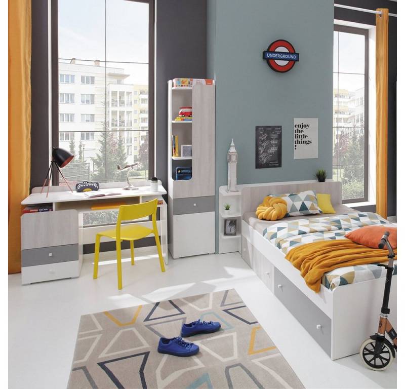 Lomadox Jugendzimmer-Set COLLINS-133, (Sparset, 3-tlg), weiß, Eiche hell, grau Schreibtisch Regal Bett 90x200cm Liegefläche von Lomadox