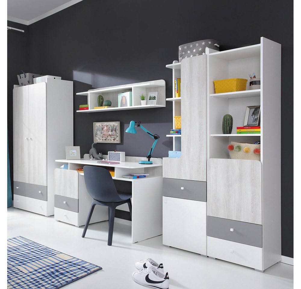 Lomadox Jugendzimmer-Set COLLINS-133, (Sparset, 5-tlg), Kinderzimmer weiß, Eiche hell, grau inkl. Schreibtisch, Kleiderschrank von Lomadox