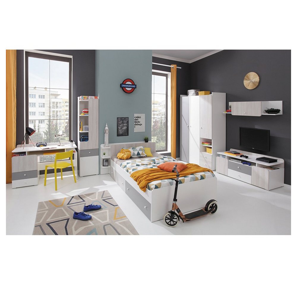 Lomadox Jugendzimmer-Set COLLINS-133, (Sparset, 6-tlg), Kinderzimmer weiß, Eiche hell, grau Bett 90x200cm Liegefläche von Lomadox