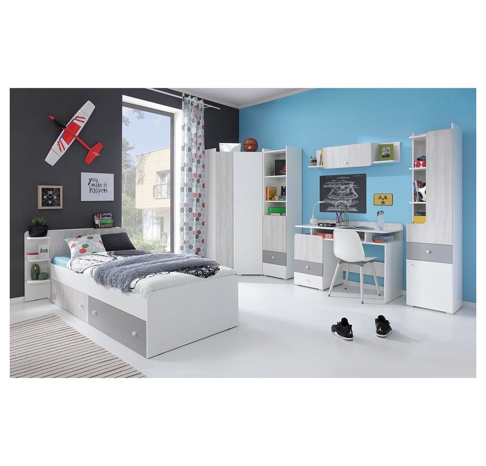 Lomadox Jugendzimmer-Set COLLINS-133, (Sparset, 6-tlg), weiß, Eiche hell, grau, Liegefläche 120x200cm Bettschubladen von Lomadox