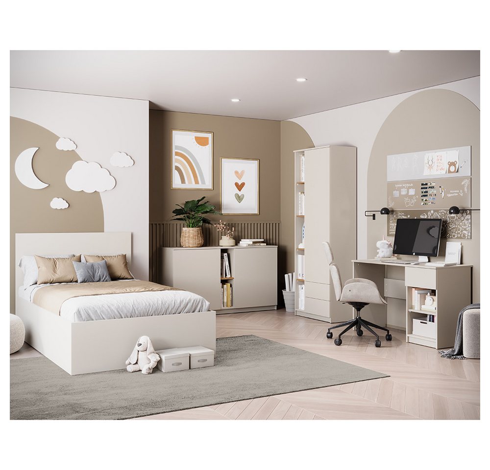 Lomadox Jugendzimmer-Set FIER-129, (Sparset, 4-tlg., Bett Sideboard Kleiderschrank Schreibtisch), in Kaschmir mit Eiche Nb., grifflos, 4-teilig, 140x200 cm Liegefläche von Lomadox