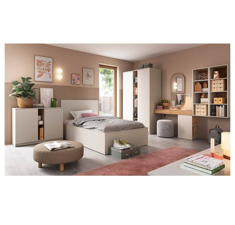 Lomadox Jugendzimmer-Set FIER-129, (Sparset, 7-tlg., Sideboard Bett Kleiderschrank Schreibtisch Regale), kaschmir mit Eiche, Jugendbett 120x200cm, grifflos von Lomadox