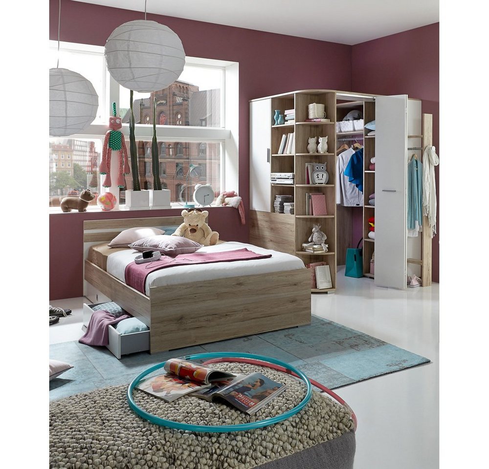 Lomadox Jugendzimmer-Set JOHANNESBURG-43, (Sparset, 4-tlg), San Remo Eiche Nb. und weiß, begehbarer beleuchteter Eckkleiderschrank von Lomadox