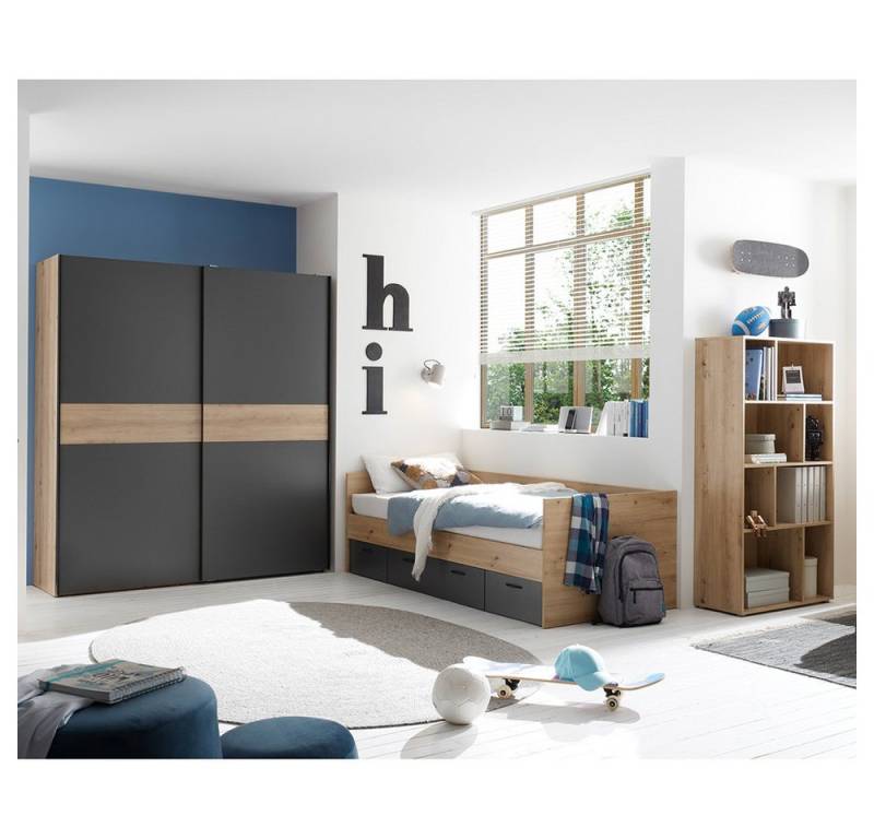 Lomadox Jugendzimmer-Set LESINA-78, (Sparset, 3-tlg., Kleiderschrank Bett Regal), in Eiche Nb. mit graphit, Liegefläche 90x200cm, modern von Lomadox