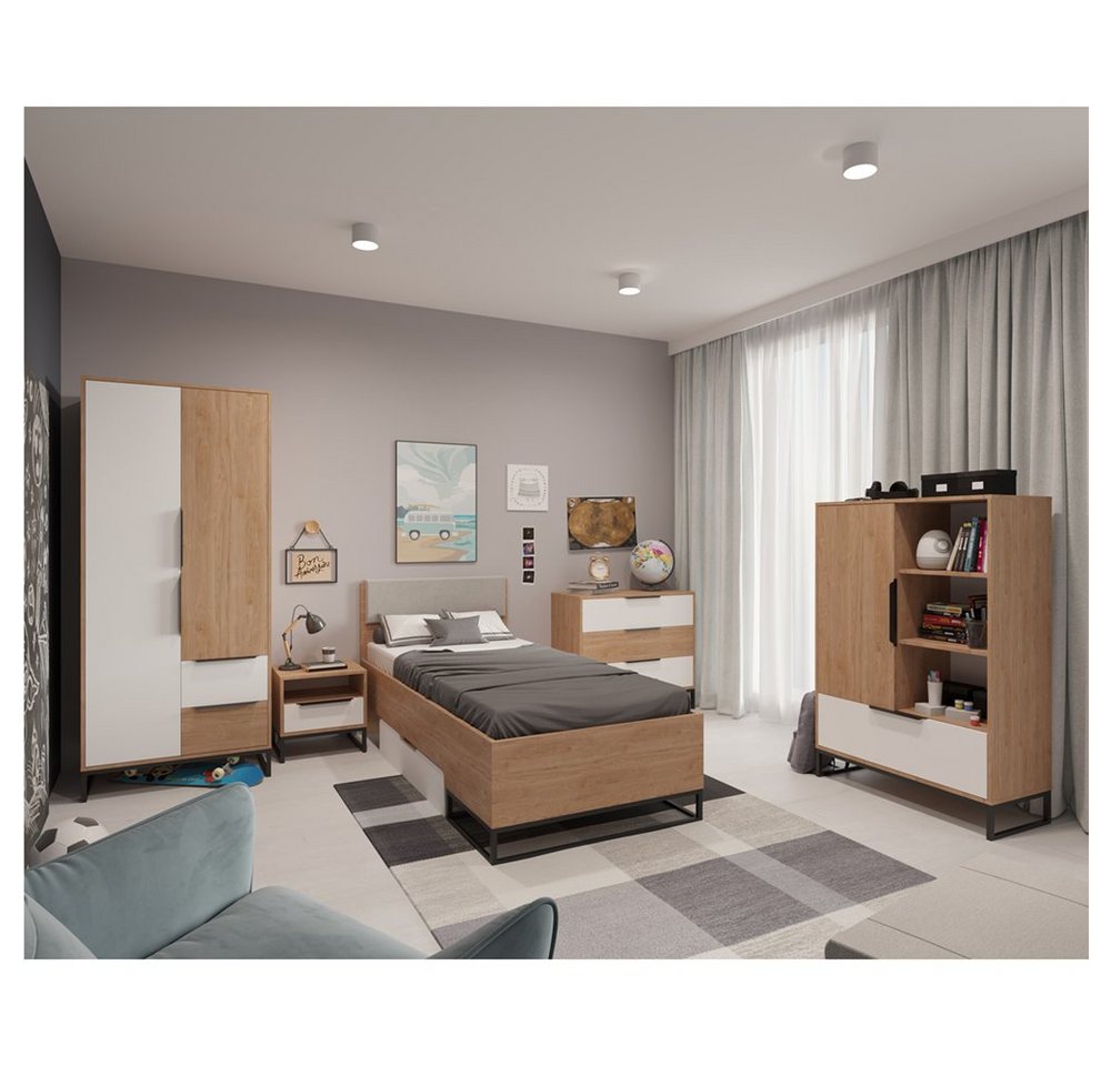 Lomadox Jugendzimmer-Set LUZZI-132, (Sparset, 5-tlg), Eiche Nb. mit weiß, Kleiderschrank, Nachttisch, Bett, Kommode von Lomadox
