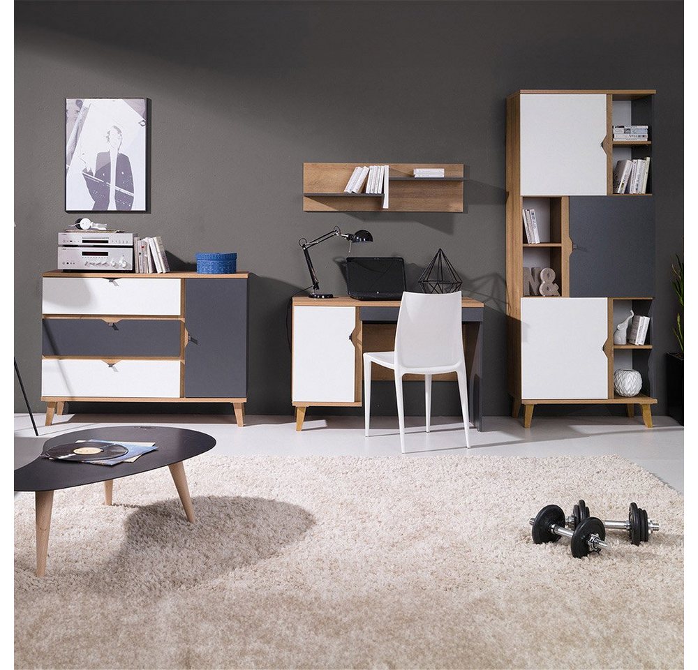Lomadox Jugendzimmer-Set MARIBOR-132, (Sparset, 4-tlg), Kommode Schreibtisch Wandboard Bücherregal Eiche weiß graphit von Lomadox