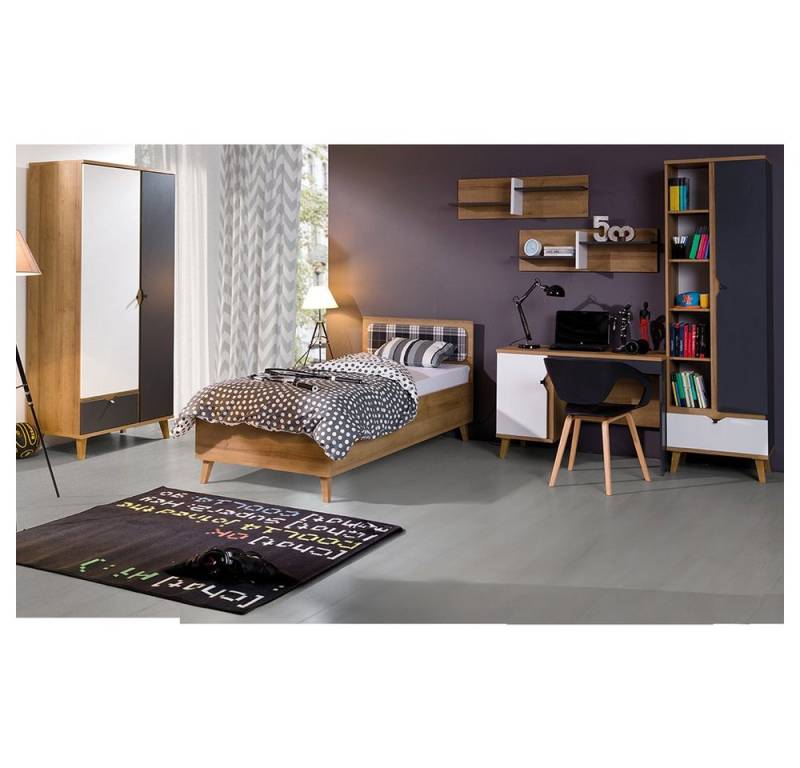 Lomadox Jugendzimmer-Set MARIBOR-132, (Sparset, 6-tlg), Bett 90x200 Kleiderschrank Schreibtisch Wandregal Eiche graphit weiß von Lomadox