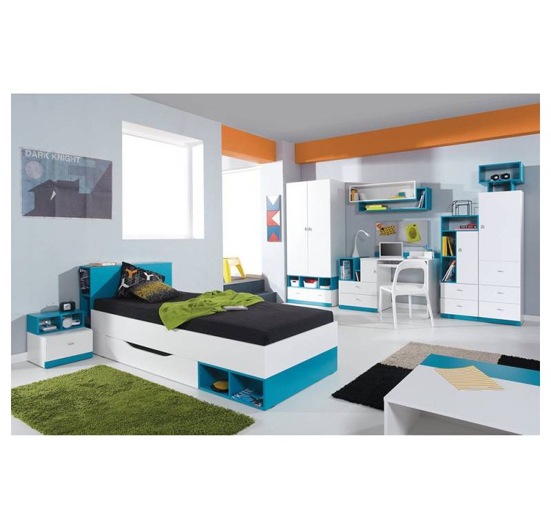 Lomadox Jugendzimmer-Set MIJAS-133, (Sparset, 7-tlg), mit Jugendbett 90x200 cm Schränken Schreibtisch modern weiß mit türkis von Lomadox