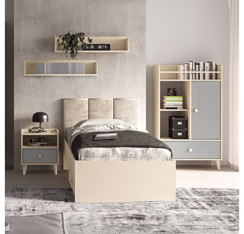 Lomadox Jugendzimmer-Set MODICA-131, (Sparset, 5-tlg., Bett Nachtschrank Regal Wandboards), sandbeige mit grau, Liegefläche 90x200 & Polsterkopfteil in Velour von Lomadox