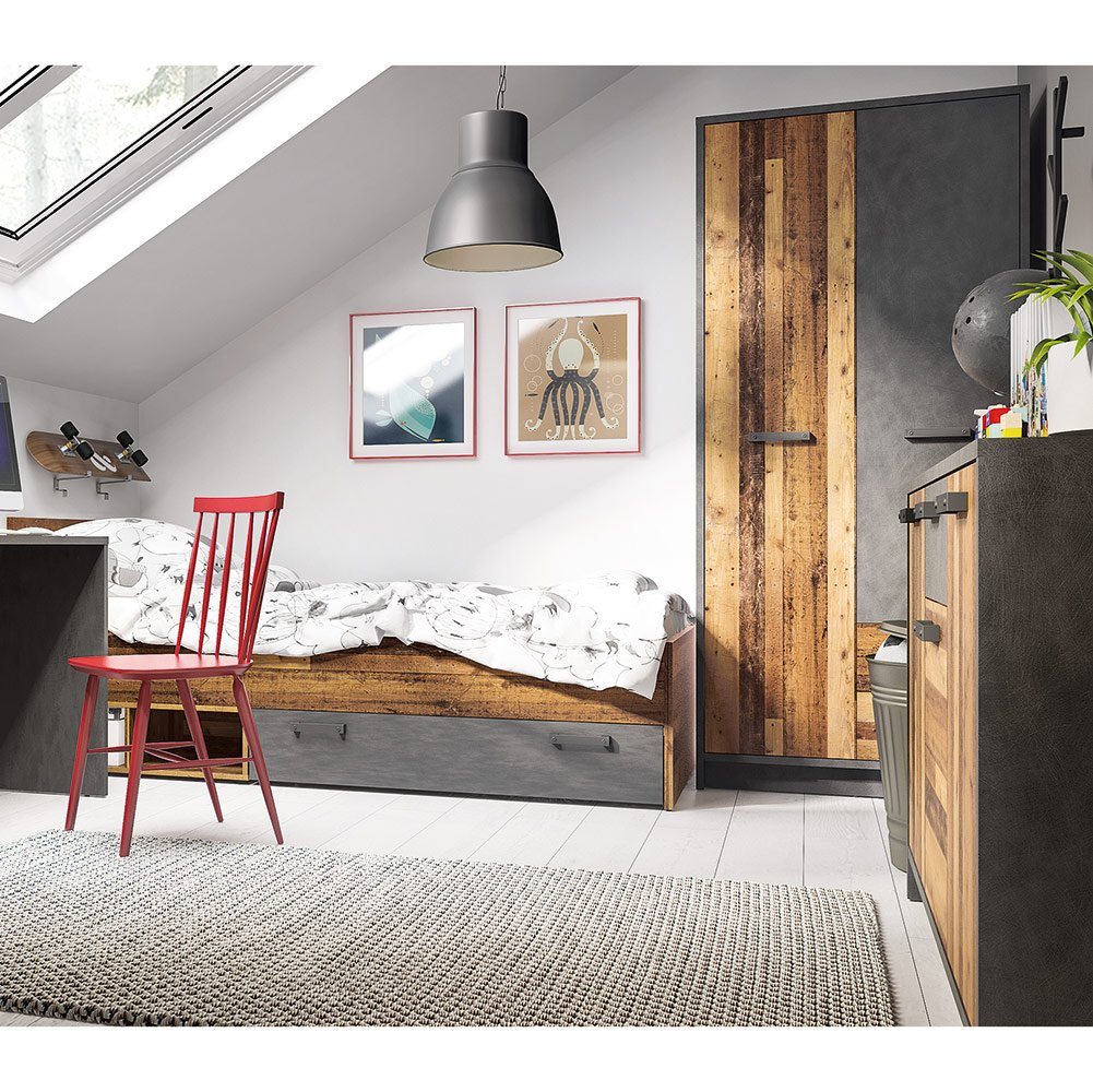 Lomadox Jugendzimmer-Set NELSON-129, (Sparset, 3-tlg), mit Bett 90x200, Kleiderschrank und Sideboard, in grau mit Holz von Lomadox