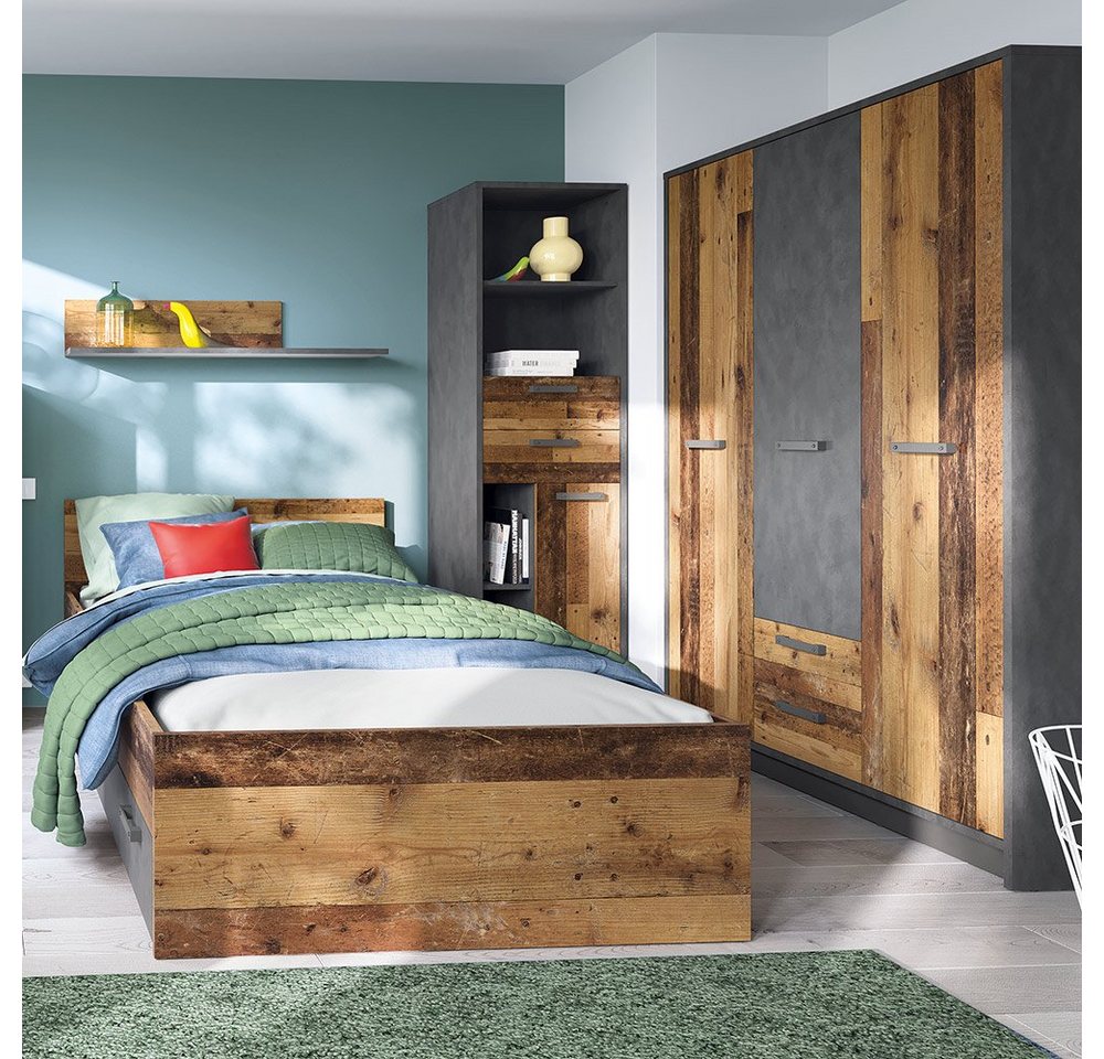 Lomadox Jugendzimmer-Set NELSON-129, (Sparset, 4-tlg), mit Bett 120x200 und Kleiderschrank, in grau mit Holz von Lomadox