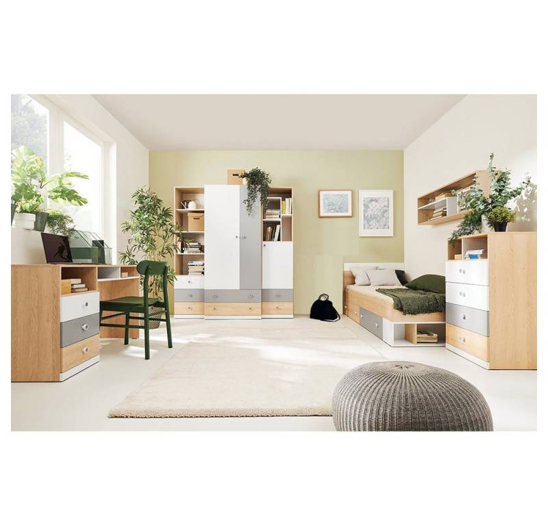 Lomadox Jugendzimmer-Set PINETO-133, (Sparset, 7-tlg), Eiche Nb., weiß, grau, 7-teilig, inkl. Schreibtisch von Lomadox