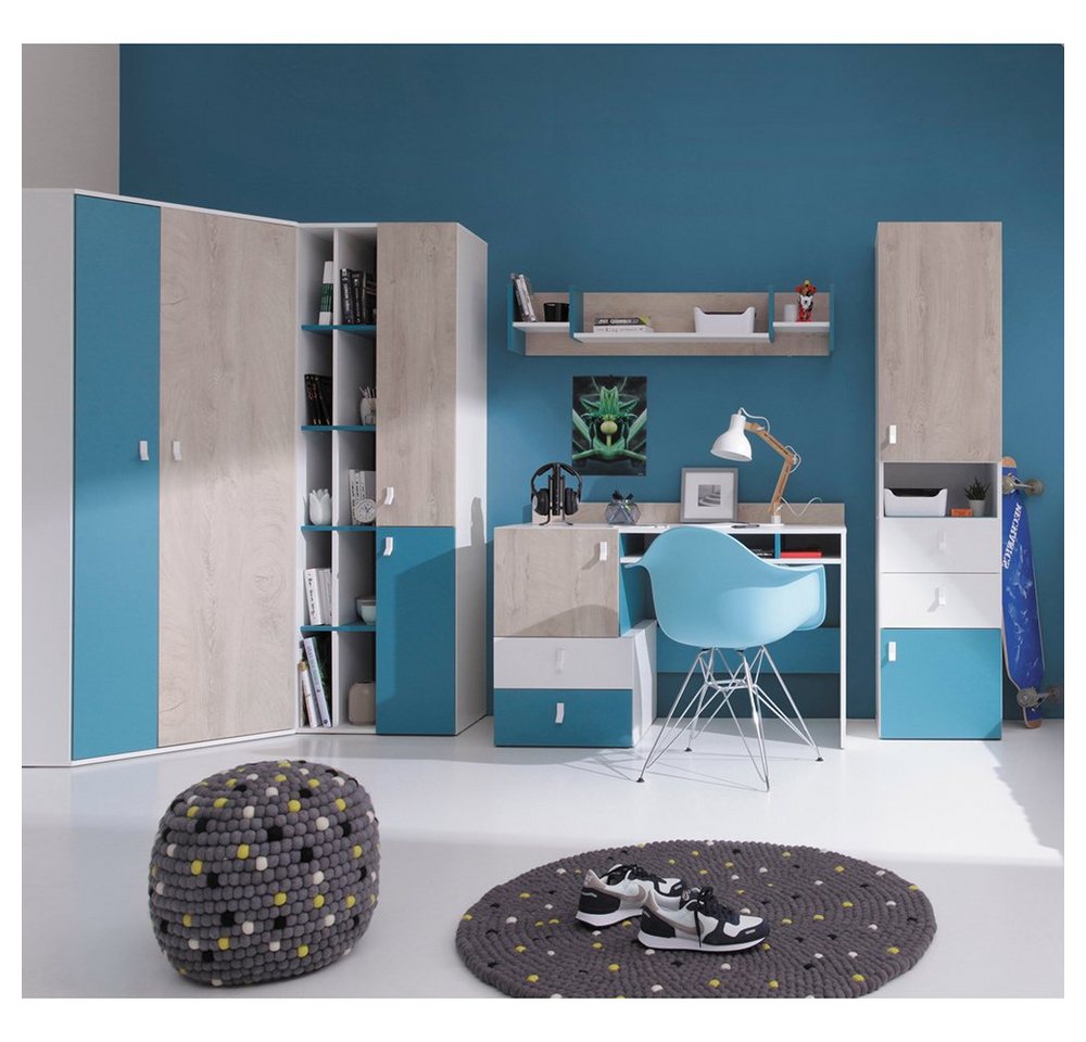 Lomadox Jugendzimmer-Set PITTSBURGH-133, (Sparset), mit Eckkleiderschrank und Schreibtisch, weiß/Eiche/blau von Lomadox