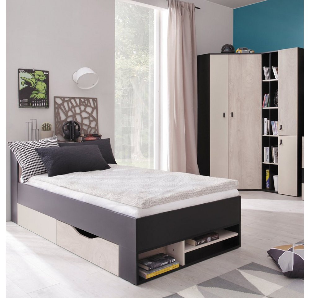 Lomadox Jugendzimmer-Set PITTSBURGH-133, (Sparset, 3-tlg), mit Bett 90x200, Eckkleiderschrank, schwarz/Eiche/beige von Lomadox