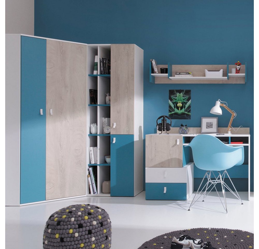 Lomadox Jugendzimmer-Set PITTSBURGH-133, (Sparset, 4-tlg), mit Eckkleiderschrank und Schreibtisch, weiß/Eiche/blau von Lomadox