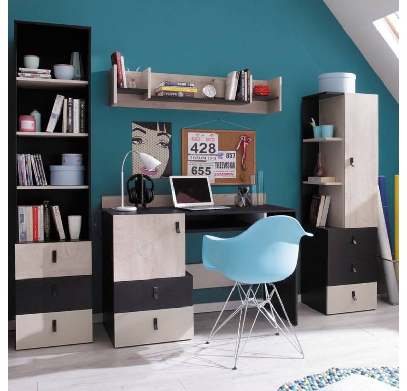 Lomadox Jugendzimmer-Set PITTSBURGH-133, (Sparset, 4-tlg), mit Schreibtisch & Kleiderschrank, schwarz/Eiche/beige von Lomadox