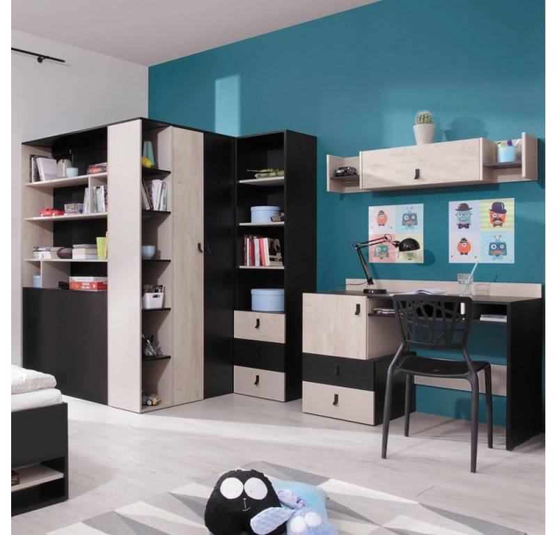 Lomadox Jugendzimmer-Set PITTSBURGH-133, (Sparset, 4-tlg), mit begehbarem Kleiderschrank und Schreibtisch, schwarz/Eiche/beige von Lomadox