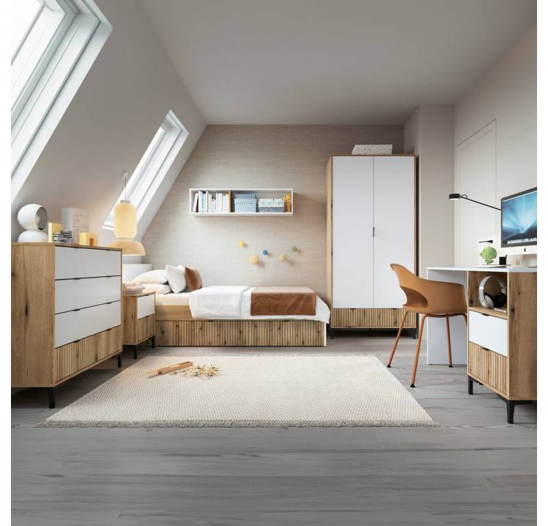 Lomadox Jugendzimmer-Set RISBY-129, (Sparset, 6-tlg), Bett 120x200 Kleiderschrank Kommode Nachttisch Schreibtisch weiß Eich von Lomadox