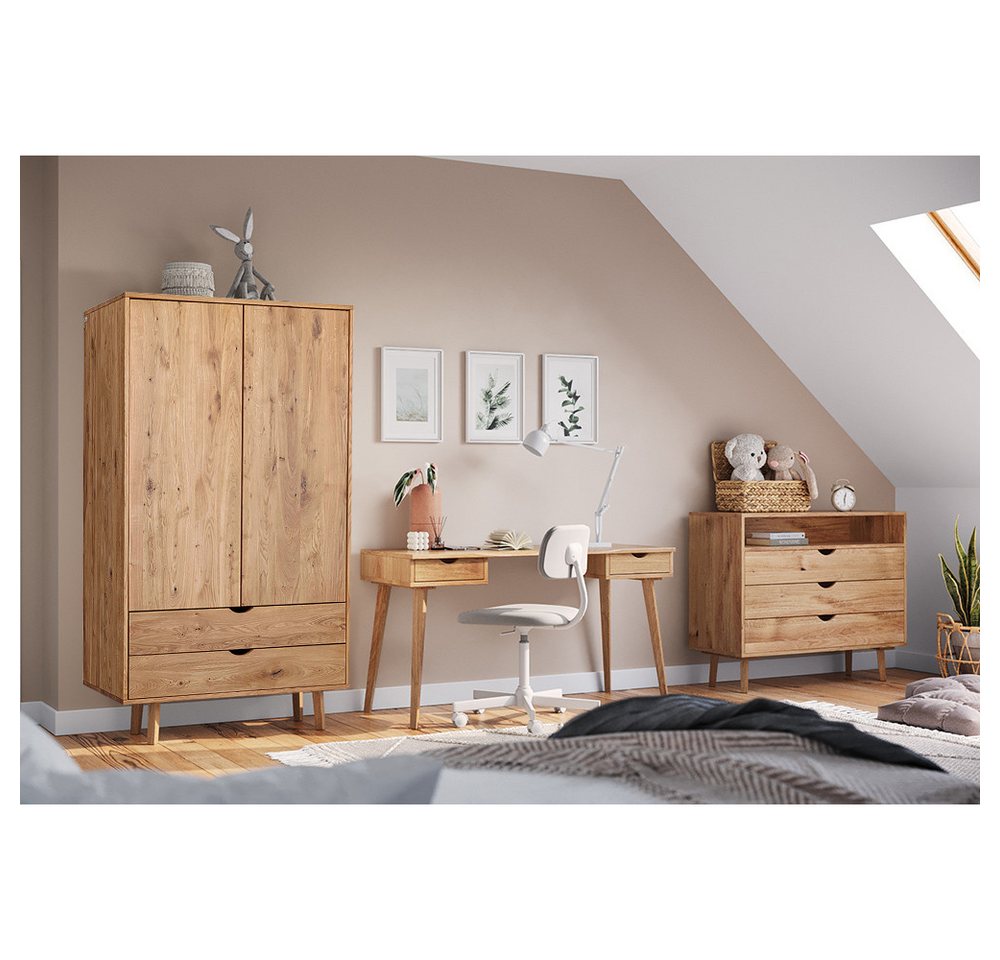 Lomadox Jugendzimmer-Set SIENA-163, (Sparset, 3-tlg., Schreibtisch Kommode Kleiderschrank), Schubladenkommode Arbeitstisch Drehtürenschrank 110cm Eiche massiv von Lomadox