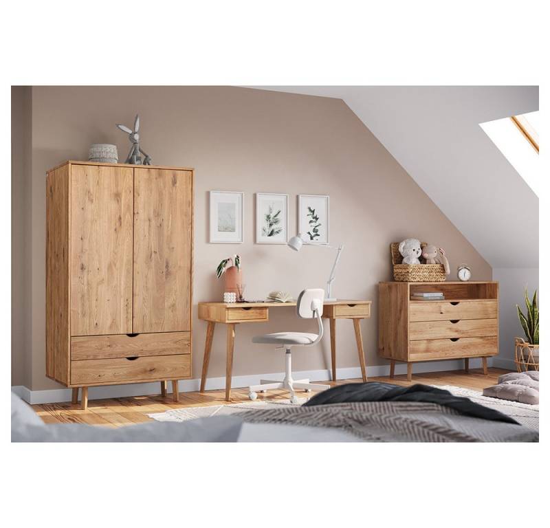 Lomadox Jugendzimmer-Set SIENA-163, (Sparset, 3-tlg., Schreibtisch Kommode Kleiderschrank), Schubladenkommode Arbeitstisch Drehtürenschrank 110cm Eiche massiv von Lomadox