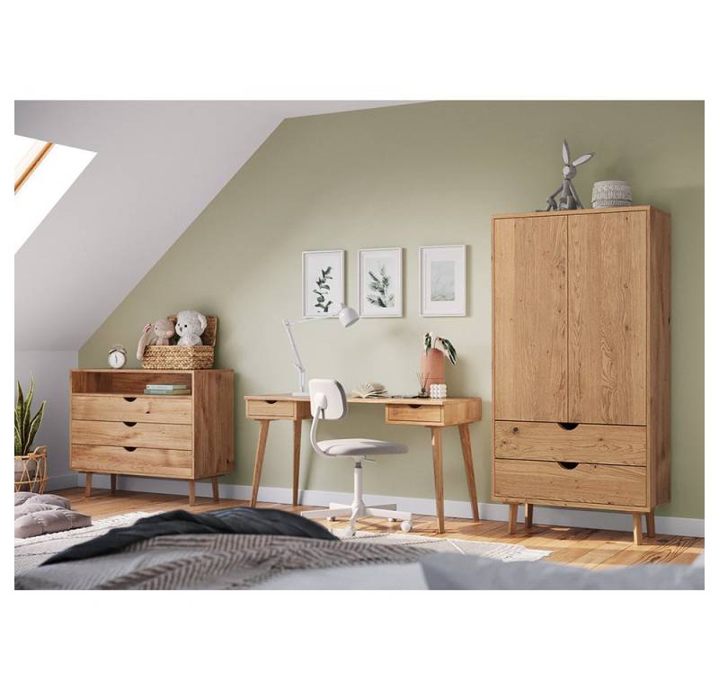 Lomadox Jugendzimmer-Set SIENA-163, (Sparset, 3-tlg., Schreibtisch Kommode Kleiderschrank), Schubladenkommode Arbeitstisch Drehtürenschrank 90cm Eiche massiv von Lomadox