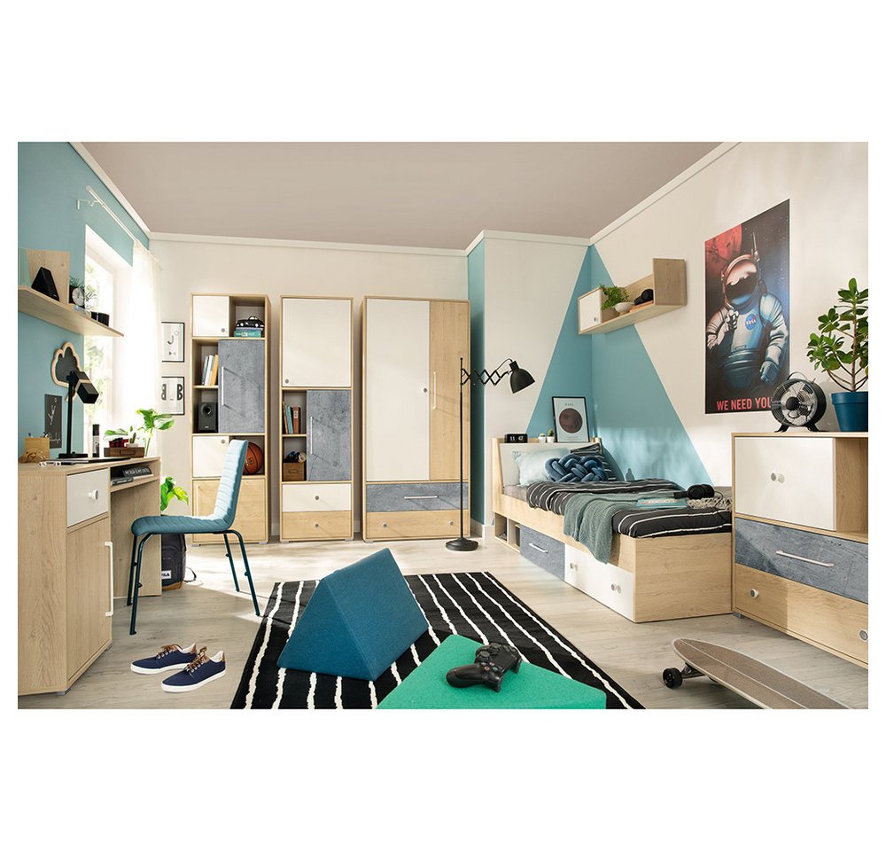 Lomadox Jugendzimmer-Set SPOKANE-133, (Sparset, 8-tlg), mit Bett 90x200cm, Eiche mit weiß und Betonoptik von Lomadox